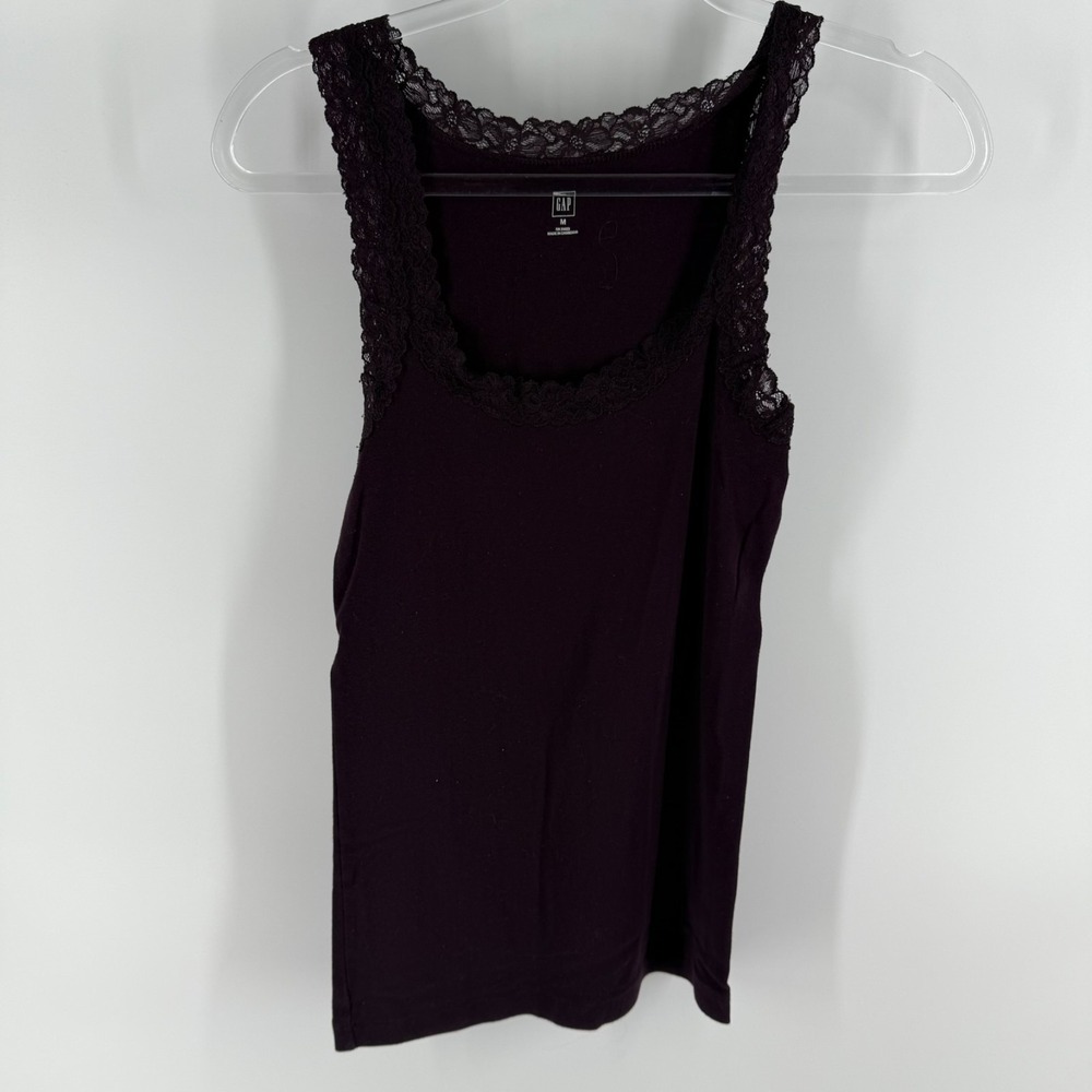 Gap Tank Top Womens Medium Burgundy Cotton Stretch Lace Trim Scoop‎ Neck Casual